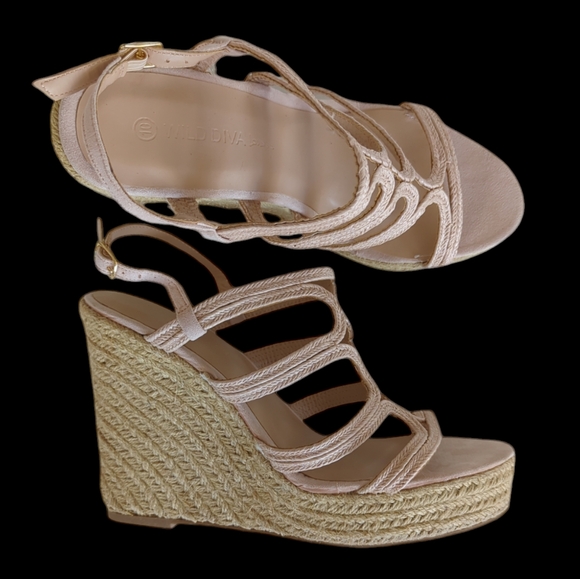 Wild Diva Lounge Shoes - Wild Diva Lounge Strappy Jute Espadrille Wedge Sandal Shoes 10 Cream Beige/Tan